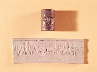 Akkadian cylinder seal and impression of Shar-kali-sharri (c. 2217-c. 2193 BC), King of Akkad, Mesopotamia, c. 2340-2100 BC (marble)